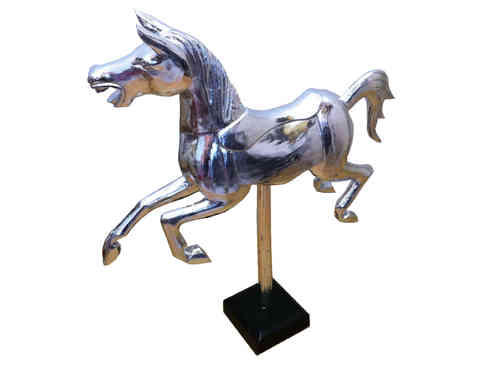 Großes Silber Pferd Bali Holzpferd Deko Metall Optik