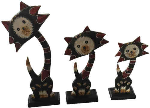 Bali Katzen Set 3 tlg. Deko Holz Skultpur 20-30 cm